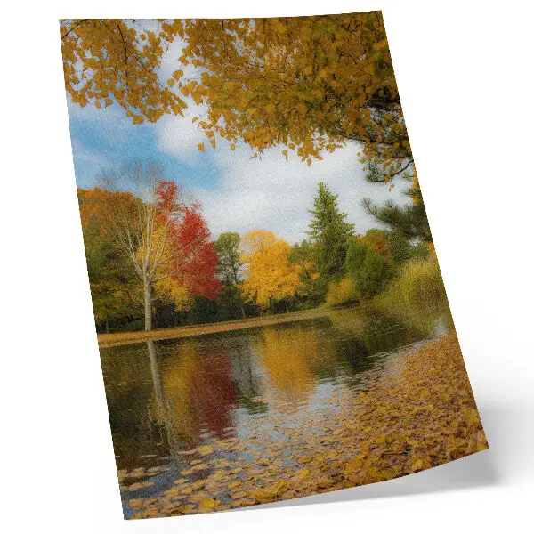 Póster de árboles junto al lago diseño con colores saturados en ambiente otoñal