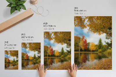 Póster con colores saturados Árboles coloridos junto al lago, ambiente otoñal