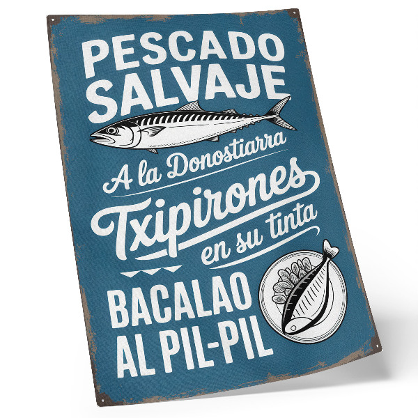 Lienzo decorativo moderno Motivo retro de peces e inscripciones sobre un fondo azul.
