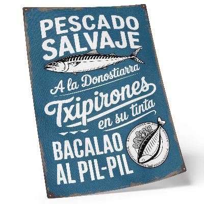 Lienzo decorativo moderno Motivo retro de peces e inscripciones sobre un fondo azul.