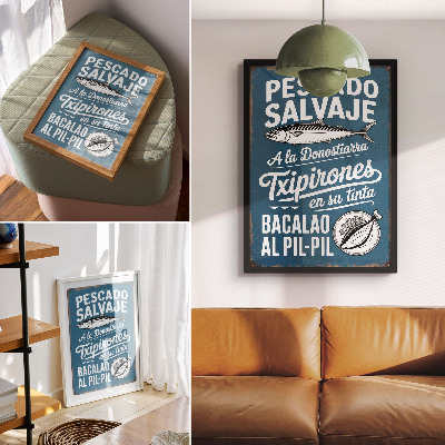 Lienzo decorativo moderno Motivo retro de peces e inscripciones sobre un fondo azul.