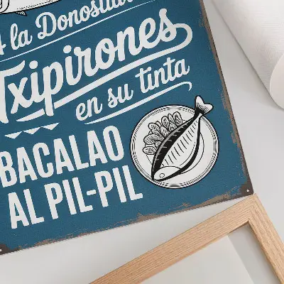 Lienzo decorativo moderno motivo retro de peces e inscripciones sobre fondo azul