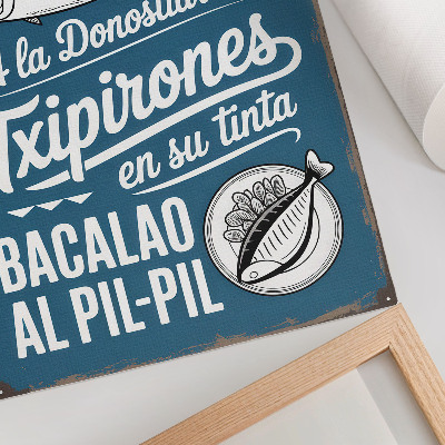 Lienzo decorativo moderno Motivo retro de peces e inscripciones sobre un fondo azul.