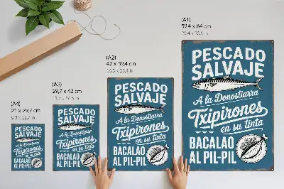 Lienzo decorativo moderno motivo retro de peces e inscripciones sobre fondo azul