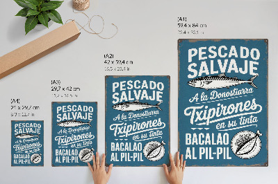 Lienzo decorativo moderno Motivo retro de peces e inscripciones sobre un fondo azul.
