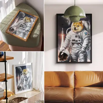 Póster de perro con traje espacial con diseño de cohete y traje lunar