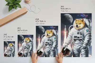 Póster de perro con traje espacial con diseño de cohete y traje lunar