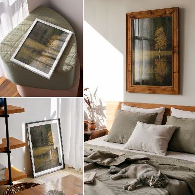 Lienzo decorativo moderno Un árbol dorado con el telón de fondo de un bosque oscuro y un lago.