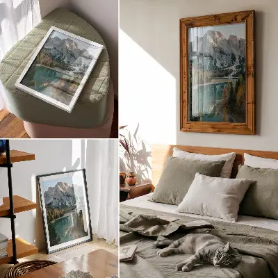Póster de montañas con bosque, lago y árboles coloridos reflejados
