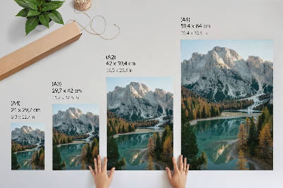 Póster Montañas, bosque, lago, reflejos, árboles coloridos