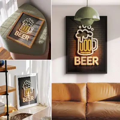 Lienzo decorativo moderno taza de neón blanca con letras amarillas sobre fondo de ladrillo