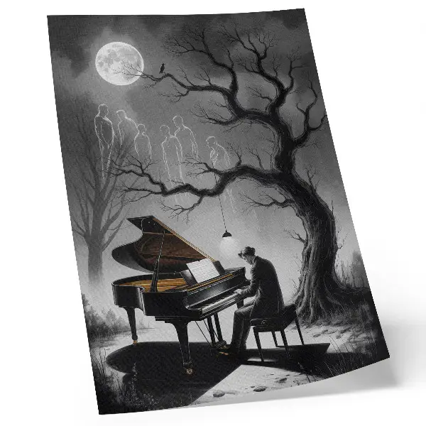 Póster de piano con luna y fantasmas diseño con colores apagados