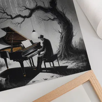 Póster de piano con luna y fantasmas diseño con colores apagados