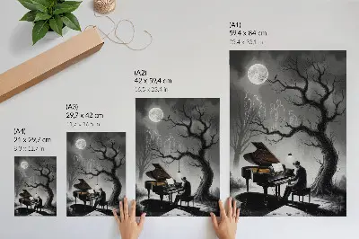 Póster de piano con luna y fantasmas diseño con colores apagados