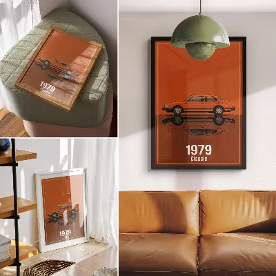 Lámina artística de alta calidad coche retro con estilo vintage en color naranja