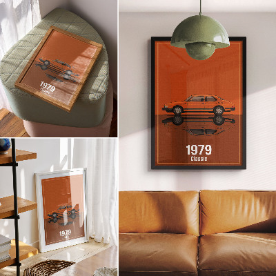 Lámina artística de alta calidad Coche retro en espejo de estilo vintage naranja