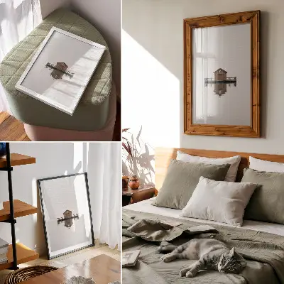 Lienzo decorativo moderno que representa una cabaña de madera de estilo minimalista junto al agua
