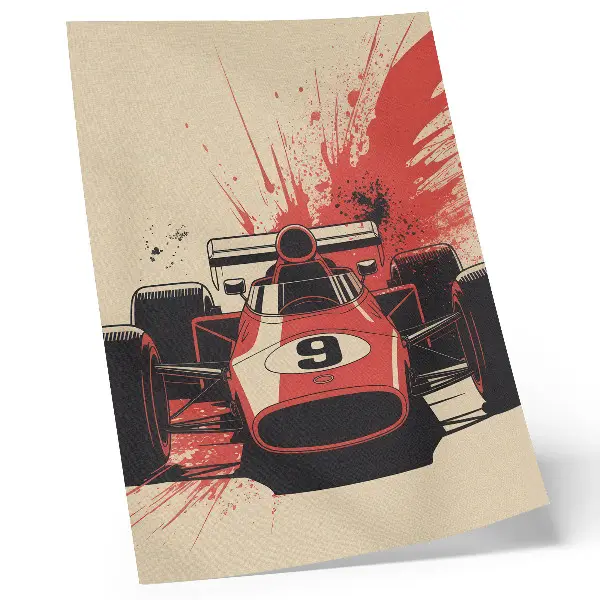 Póster de coche de carreras con colores saturados en movimiento rojo y negro