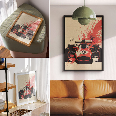 Póster con colores saturados Coche de carreras rojo y negro en movimiento