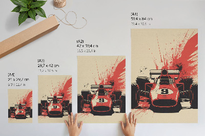 Póster con colores saturados Coche de carreras rojo y negro en movimiento