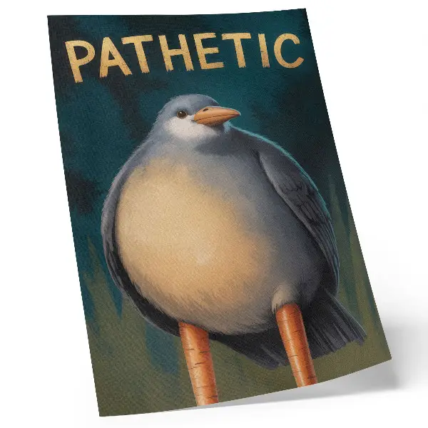 Póster de pájaro con colores saturados diseño divertido de ave con tonos inusuales sobre fondo turquesa