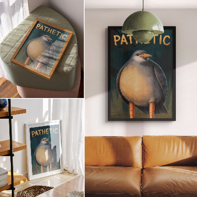 Póster con colores saturados Divertido pájaro con colores inusuales sobre fondo turquesa
