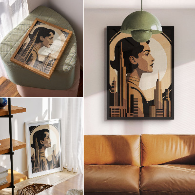 Lienzo decorativo moderno Silueta de una mujer rodeada de rascacielos.