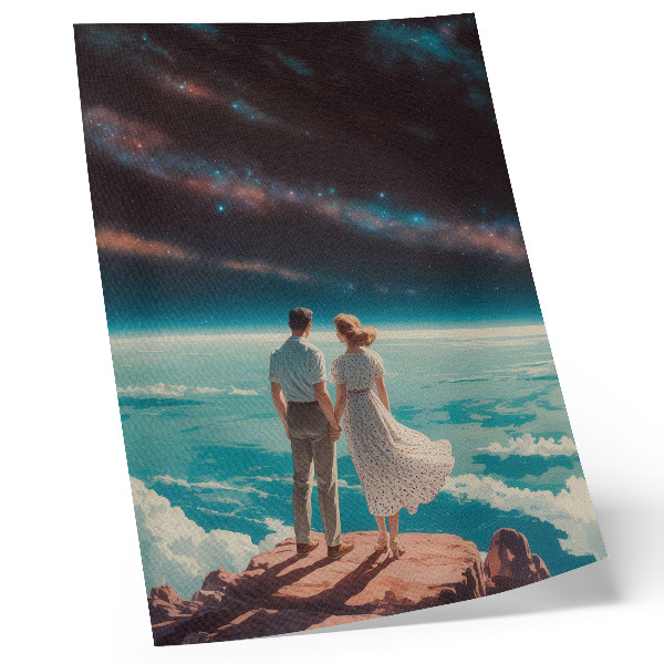 Póster Personas en un acantilado mirando hacia las estrellas del espacio.