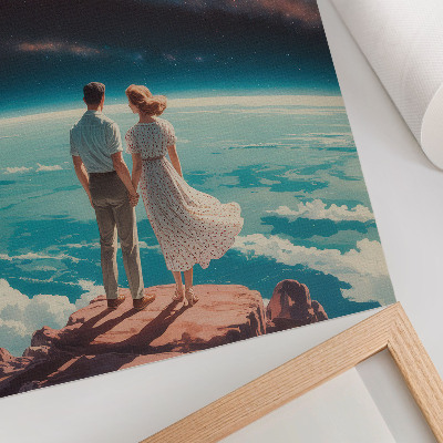 Póster Personas en un acantilado mirando hacia las estrellas del espacio.