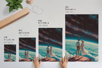 Póster Personas en un acantilado mirando hacia las estrellas del espacio.