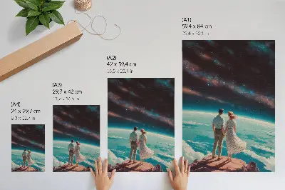 Póster que muestra a personas en un acantilado mirando hacia las estrellas en el espacio