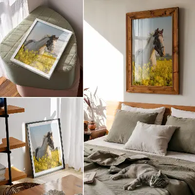 Póster de caballo en campo primaveral con colores saturados