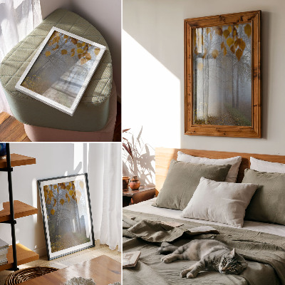 Lienzo decorativo moderno Bosque otoñal brumoso, abedules, hojas amarillas