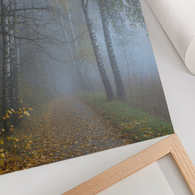 Lienzo decorativo moderno Bosque otoñal brumoso, abedules, hojas amarillas