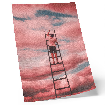 Póster con colores saturados Persona en una escalera, nubes rosas, cielo, sueños