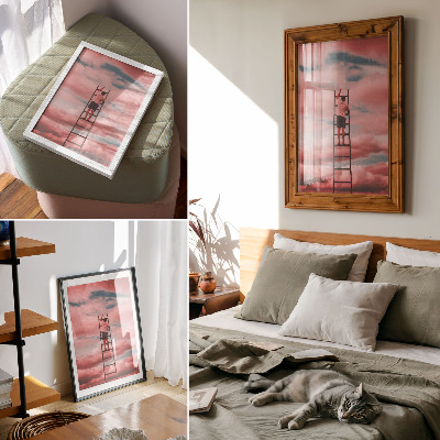 Póster con colores saturados Persona en una escalera, nubes rosas, cielo, sueños