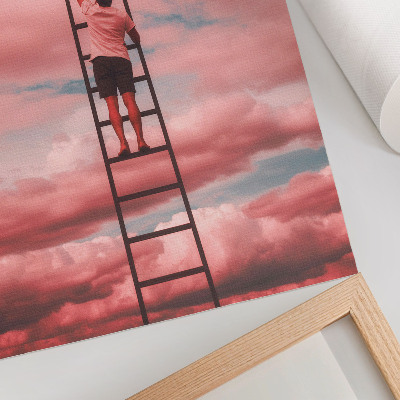 Póster con colores saturados Persona en una escalera, nubes rosas, cielo, sueños