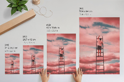 Póster con colores saturados Persona en una escalera, nubes rosas, cielo, sueños