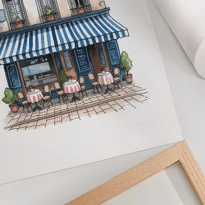 Póster un encantador café francés con terraza y mucho ambiente