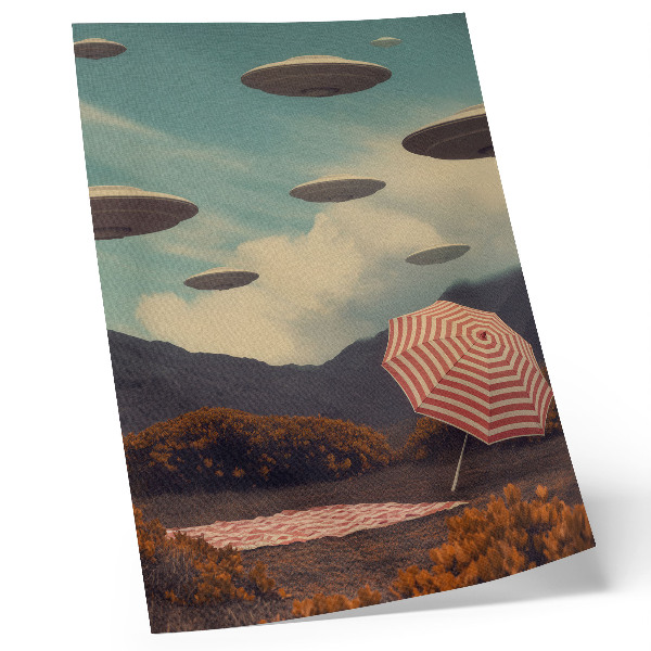 Lámina artística de alta calidad Paisaje pintoresco, paraguas y objetos misteriosos