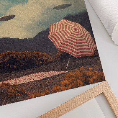 Lámina artística de alta calidad Paisaje pintoresco, paraguas y objetos misteriosos