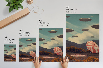 Lámina artística de alta calidad Paisaje pintoresco, paraguas y objetos misteriosos
