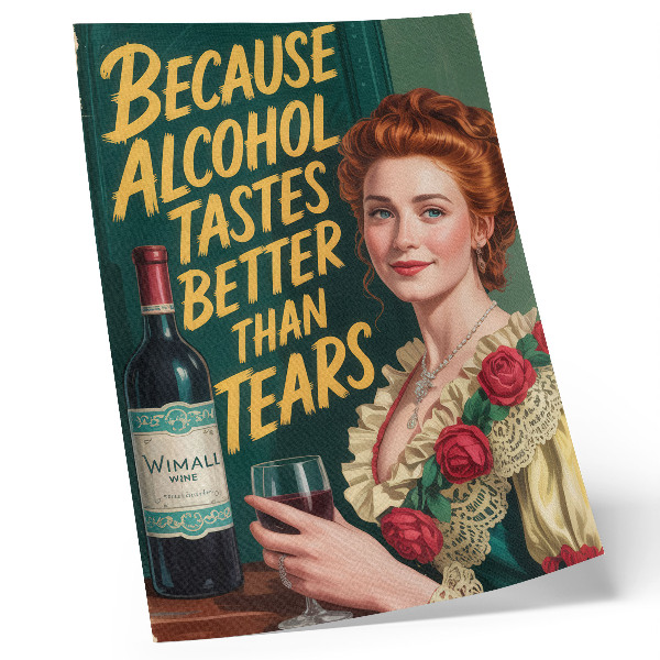Póster con colores saturados Mujer de elegancia retro con vino e inscripción