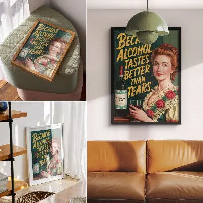 Póster de mujer con elegancia retro y vino con colores saturados e inscripción