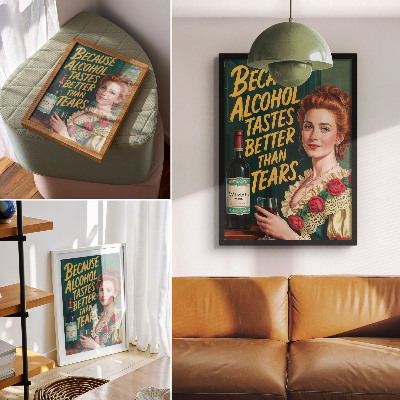 Póster con colores saturados Mujer de elegancia retro con vino e inscripción