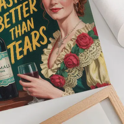 Póster de mujer con elegancia retro y vino con colores saturados e inscripción