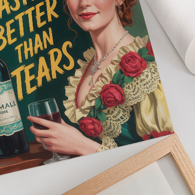 Póster con colores saturados Mujer de elegancia retro con vino e inscripción