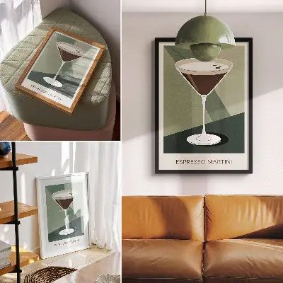 Póster de martini moderno diseño en tonos verde, beige y blanco con colores saturados
