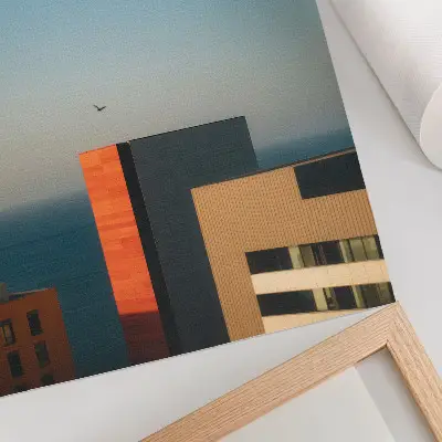 Lienzo decorativo moderno con diseño de mar, edificios, pájaros y cielo en inmensidad