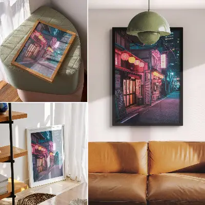 Póster de faroles de neón con colores saturados que encantan la noche en la calle de la ciudad